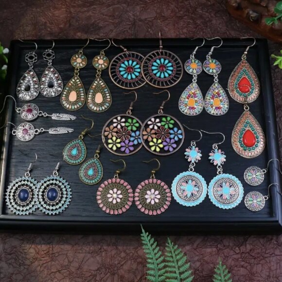 12 Pairs Multicolor Boho Tribal Geometric Drop Earrings - Picture 6 of 8